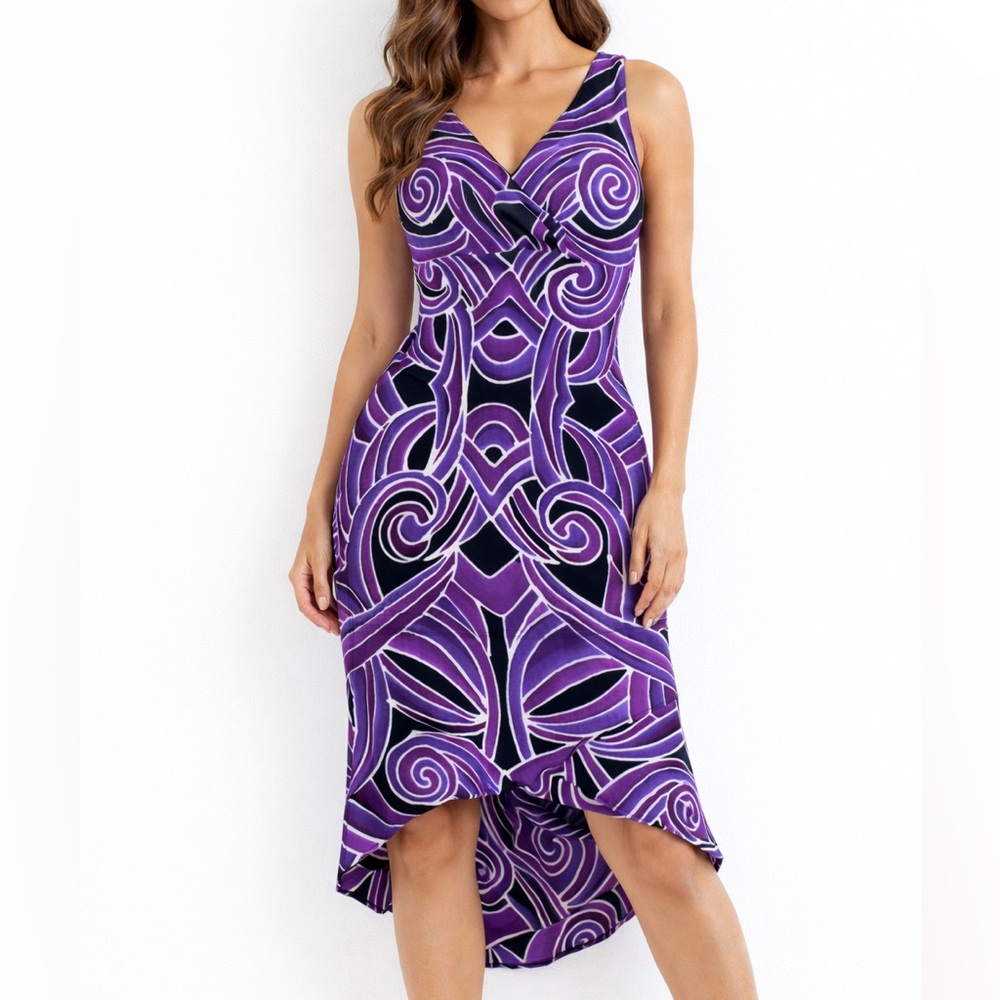 Designs by Naomi Toronto Purple Batik Print‎ Wrap V-Neck Midi Dress One Size
